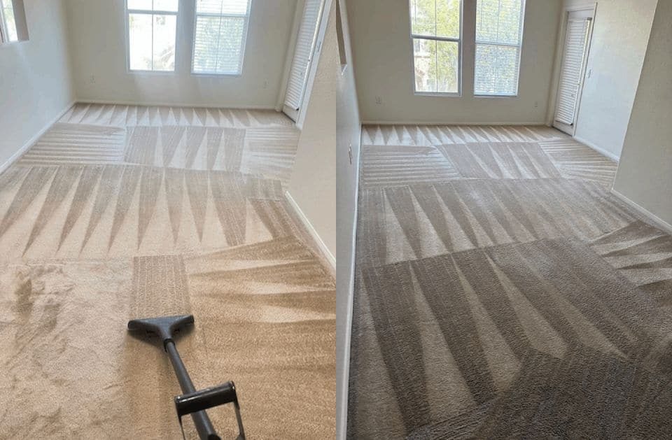 Carpet cleaning in progress in a North Las Vegas living room, showing cleaned sections beside untreated carpet